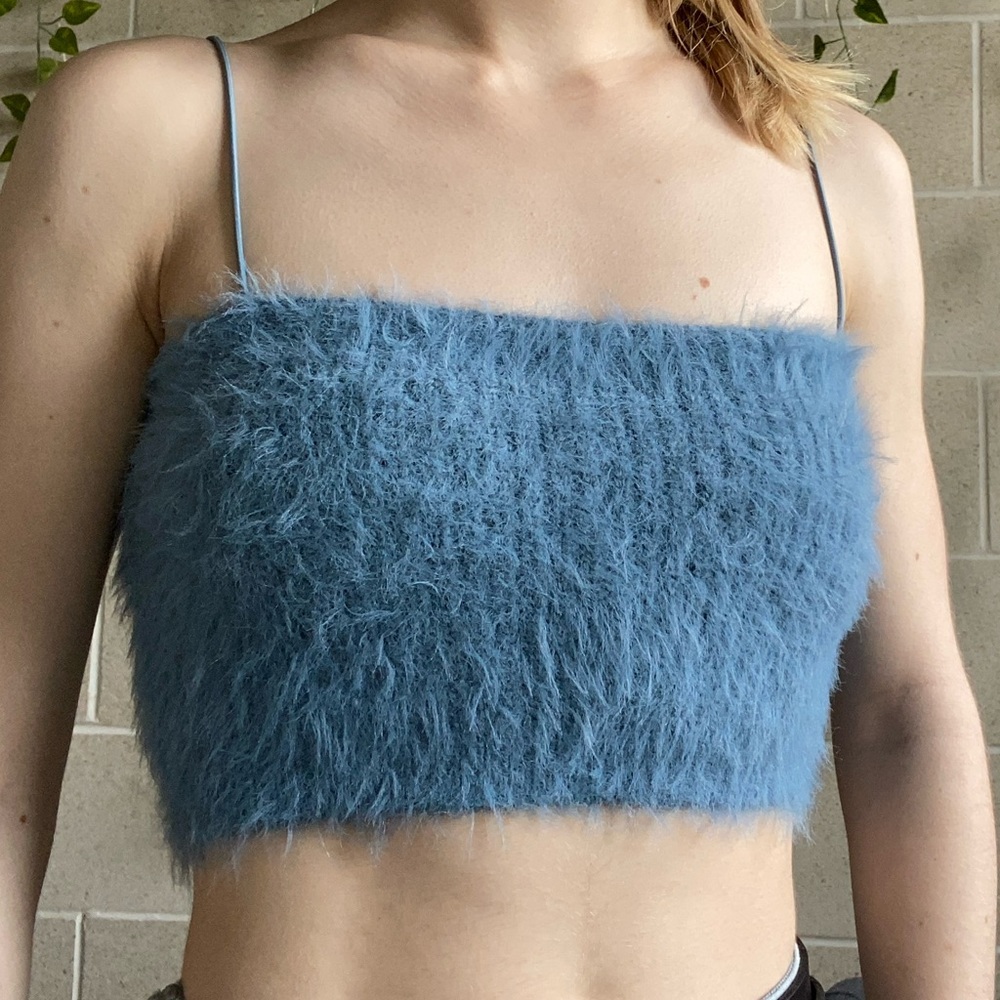 ZARA Cropped Tank Top: Fuzzy Stretchy Spaghetti Strap Blue Size Small Crop Top